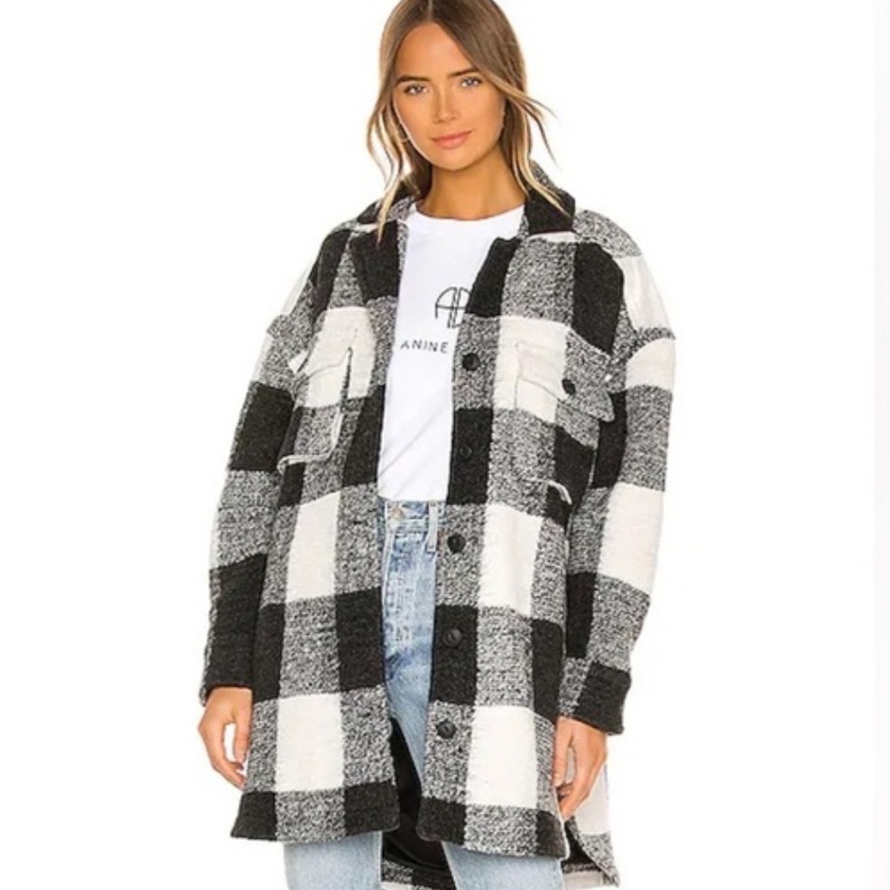Anine Bing Mave Black and Cream Plaid Utility Shacket Wool blend Jacket M NWT